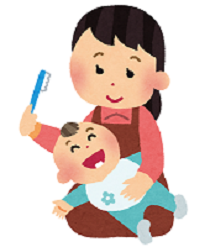 仕上げ磨きをする母子のイラスト