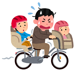自転車に乗って急いでいる親子のイラスト