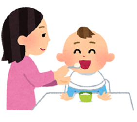 離乳食中の親子のイラスト