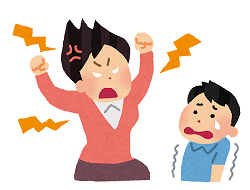 怒っているママと震える子どものイラスト