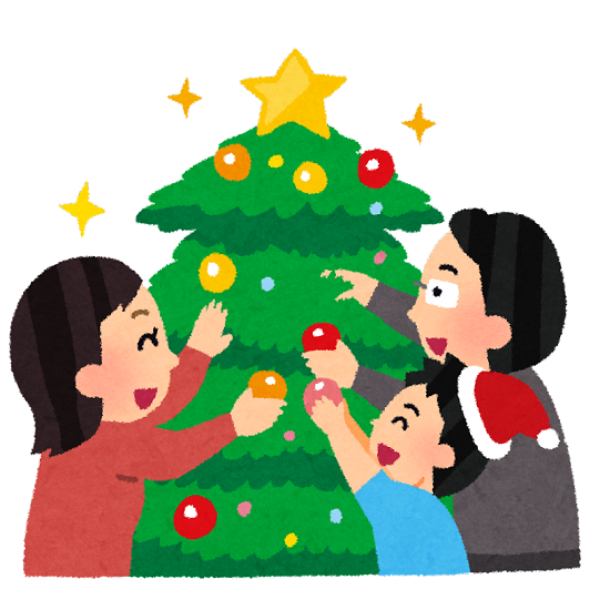 クリスマスツリーを飾る家族のイラスト