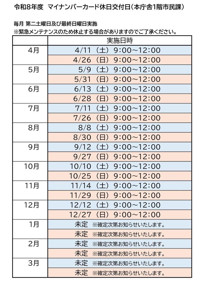 令和8年度マイナンバーカード休日開庁日
