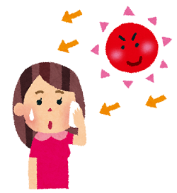 日差しの下で汗を拭くイラスト